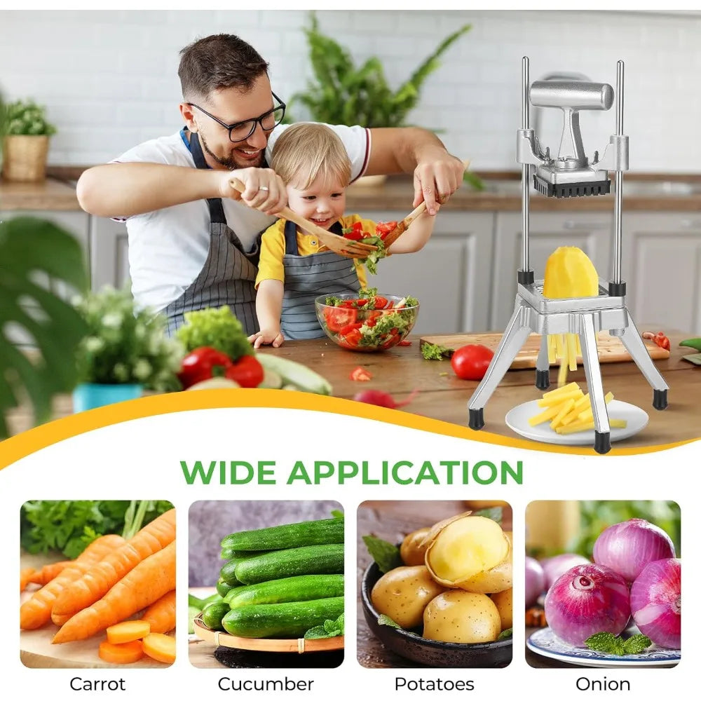 Stainless Steel Vegetable Chopper & French Fry Cutter with 3 Blade Sizes - Perfect for Home Kitchen or Restaurant Use