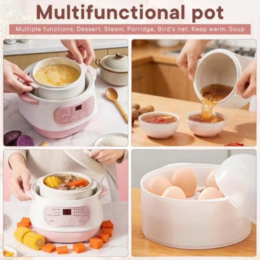 Pink 1L Ceramic Slow Cooker with Steamer Basket 200W Mini Electric Stew Pot 24-Hour Delayed Start Auto Keep-Warm Household Kitc