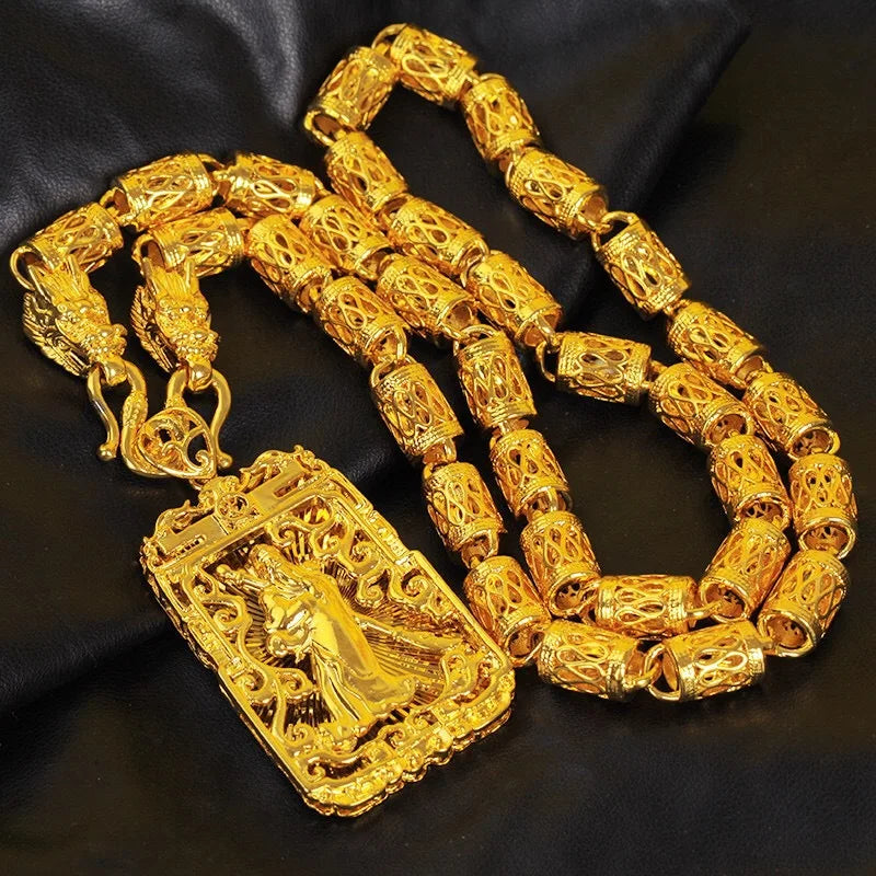 9999 24K Real Gold Bamboo Necklace Men's Domineering Guan Gonglong Card Gold Chain Extended Thickened Style Hollow Chain