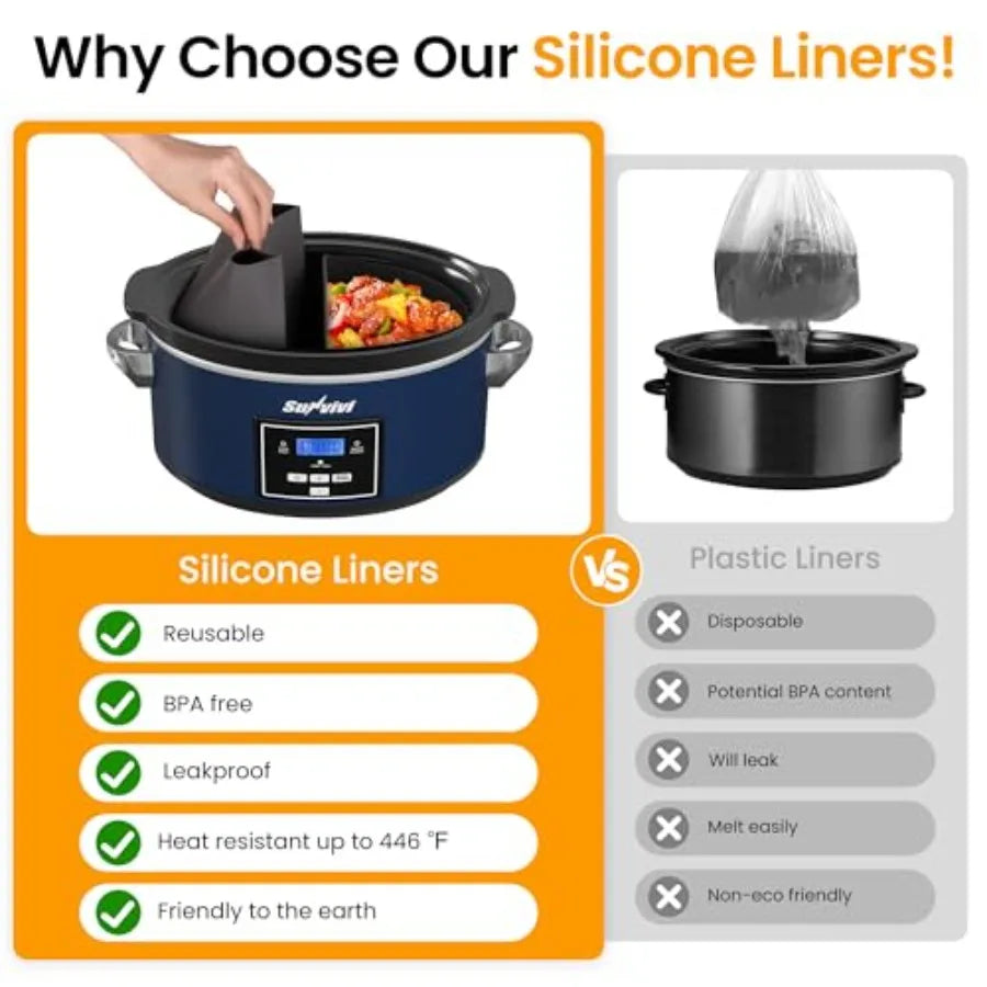 Programmable Slow Cooker Multi-Cooker with 2 in 1 Silicone Liners 6 QT Food Warmer Digital Timer 3 Adjustable Temp Dishwasher S