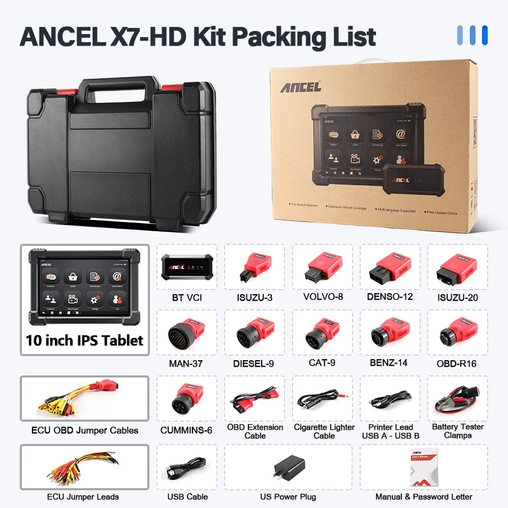 2026 Ancel X7 HD Diesel Heavy Duty Truck Diagnostic Tool ECU Oil Reset Bi-directional 24V 12V All System OBD2 Truck Scanner