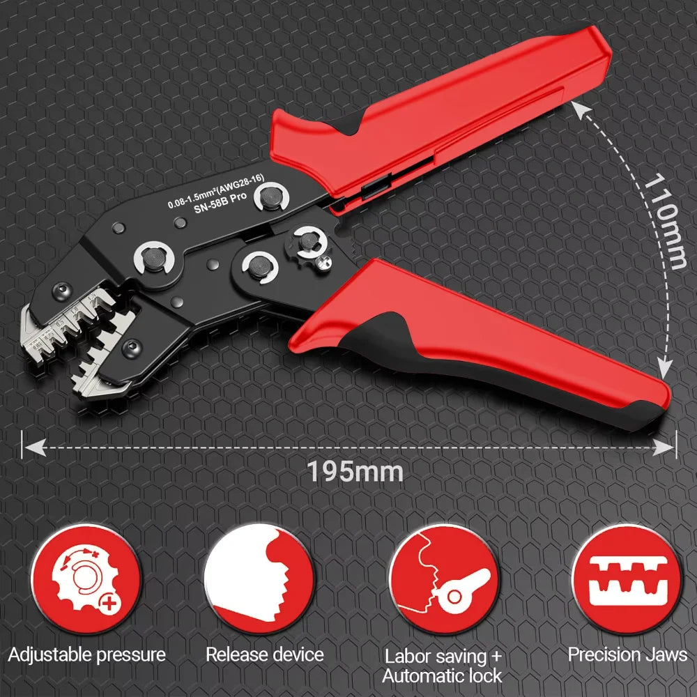 DTCTK Pro Crimps Plug JST ,TE,XH,SM,VH,PH,Molex Terminals Ratchet Crimper Pliers For 0.08-1.5mm²(28-16 AWG) Wires Tool