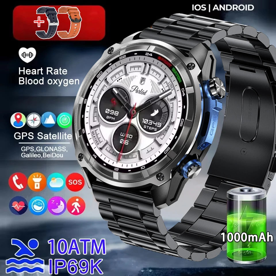 New Men Outdoor GPS Map AMOLED Smart Watch 1000mAh Ultra Large Battery 10ATM Waterproof Bluetooth Call Sports Fitness Smartwatch