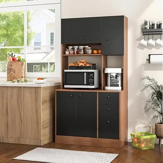 Kitchen Buffet Hutch Storage Cabinet, 71" Freestanding Pantry with 3 Cabinets & Drawers, Adjustable Shelves, Kitchen Cabinets
