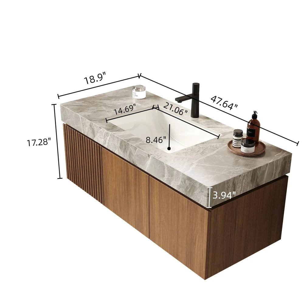 48" Bathroom Vanity with Sink, Wall-Mounted Plywood Bathroom Storage Cabinet with Drawer and Doors, Light Gray Sintered Stone