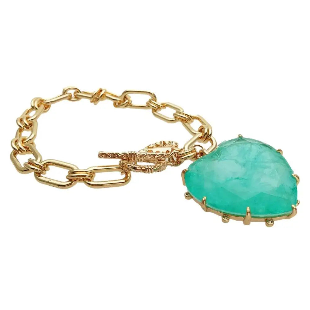 KKGEM 32mm Green Quartz Heart Charm Yellow Gold Plated Charm Link Chain Bracelet