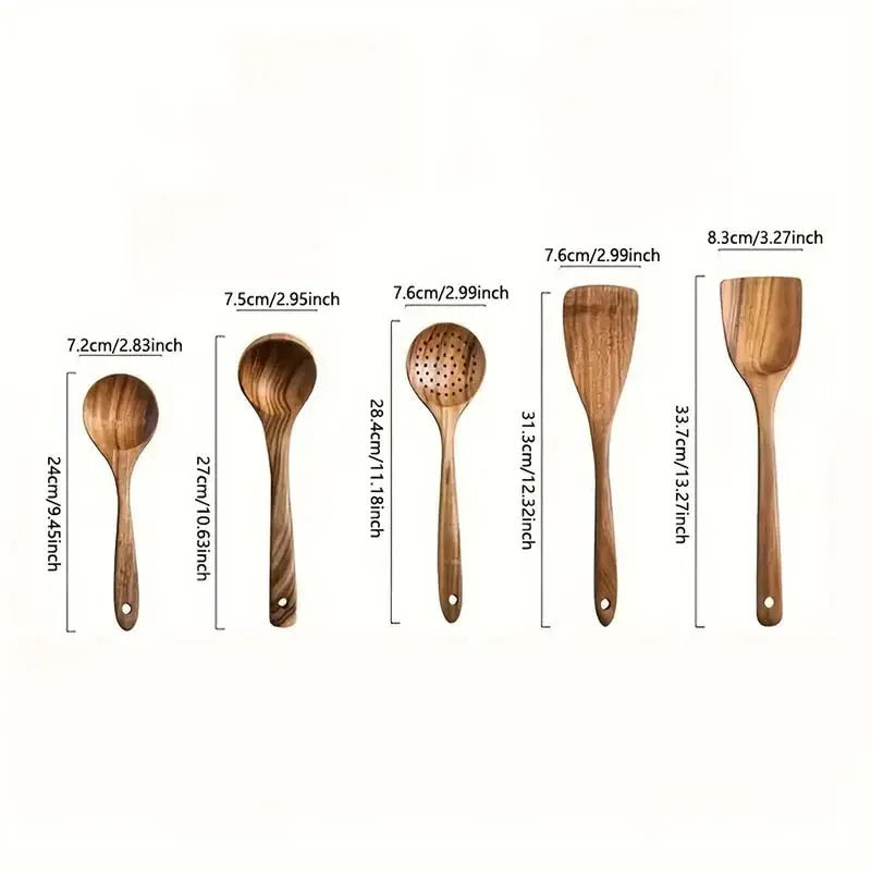 Home Full Kitchen Utensil Set 5 Pieces - Acacia Wood Heat Resistant Wok Spatula Soup Ladle Slotted Spoon Set Durable & Pan-Safe
