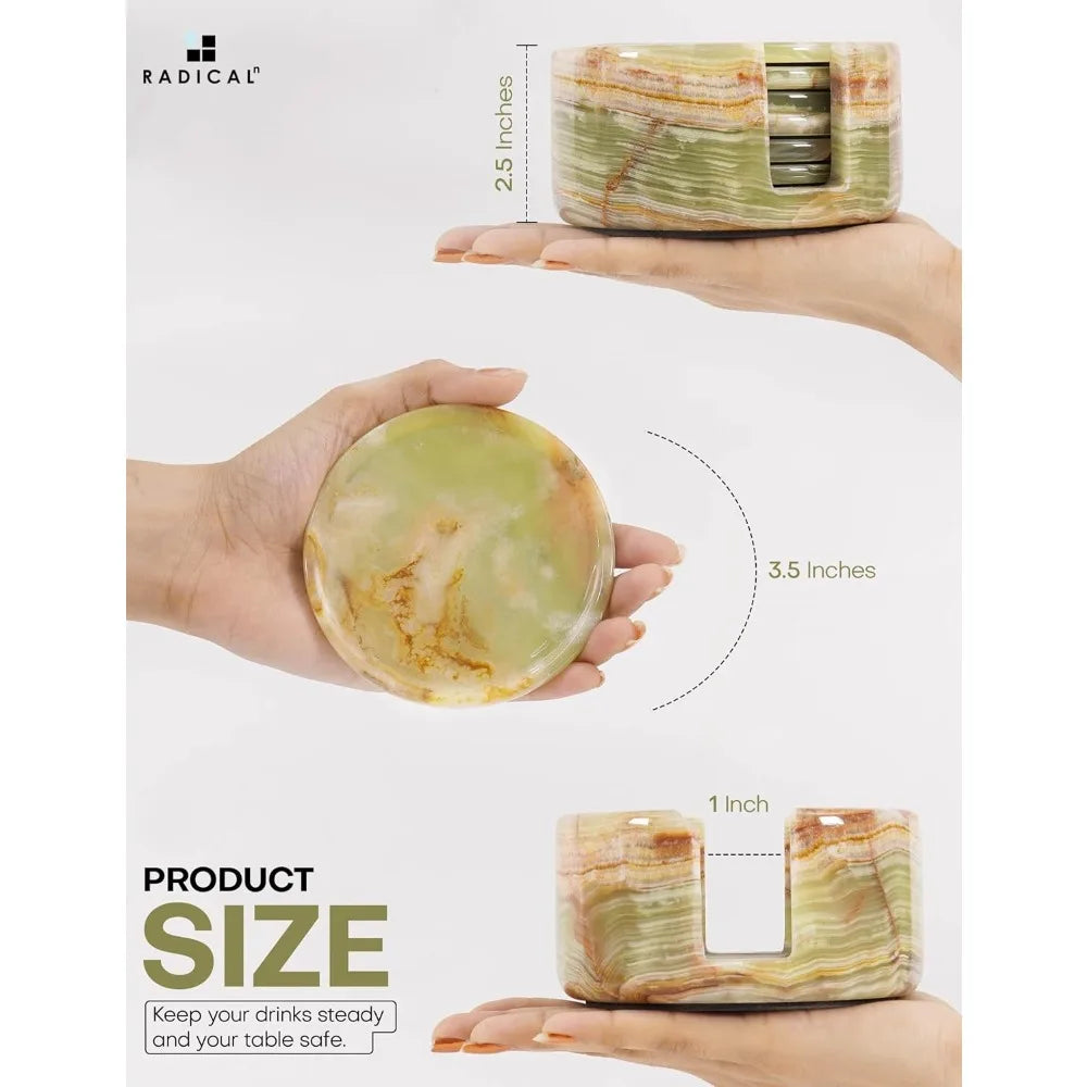 Green Onyx Marble Coasters Set of 6 with Holder, 3.5 Inch Round Drink Coasters for Table Decor