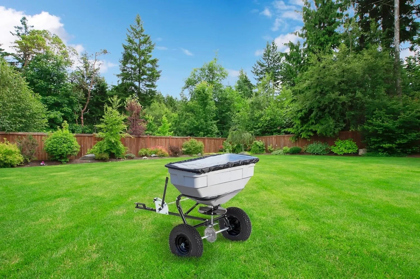 125 LB Tow Behind Lawn & Garden Broadcast Spreader - Seed, Fertilizer, Salt, Ice Melt-Gate Lever for Easy Spread Control