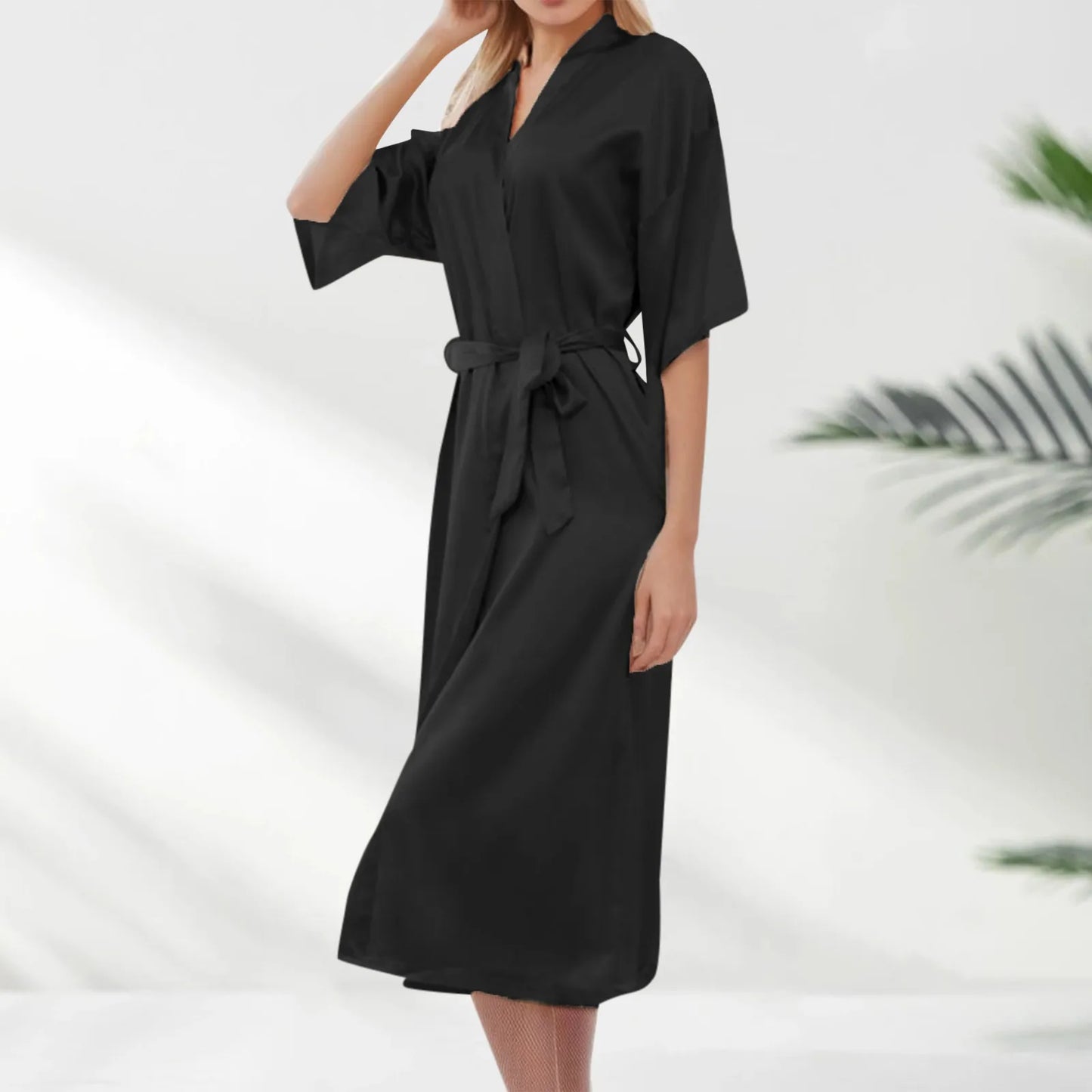 Womens Long Satin Robe Short Sleeve Kimono Silky Satin Bathrobe Bridesmaids Robe Loose Fit Sleepwear Soft Nightgown For Women