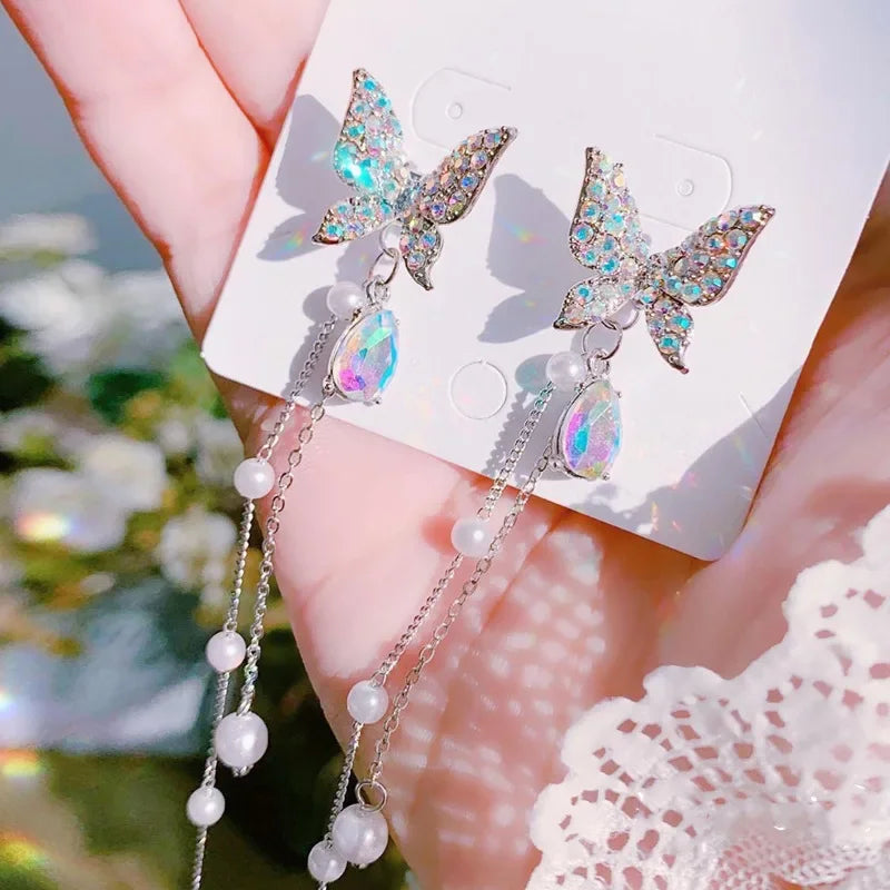 New Fashion Shiny Crystal Butterfly Long Tassel Earrings For Women Exquisite Zircon Pearl Elegant Temperament Earring Jewelry