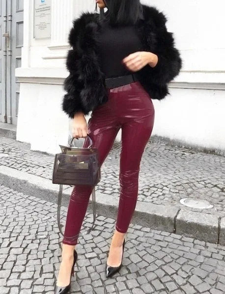 Pants women 2025 casual Spring summer patent leather mid-waist thin tight pink stylish commuting trousers PU leather tight pants