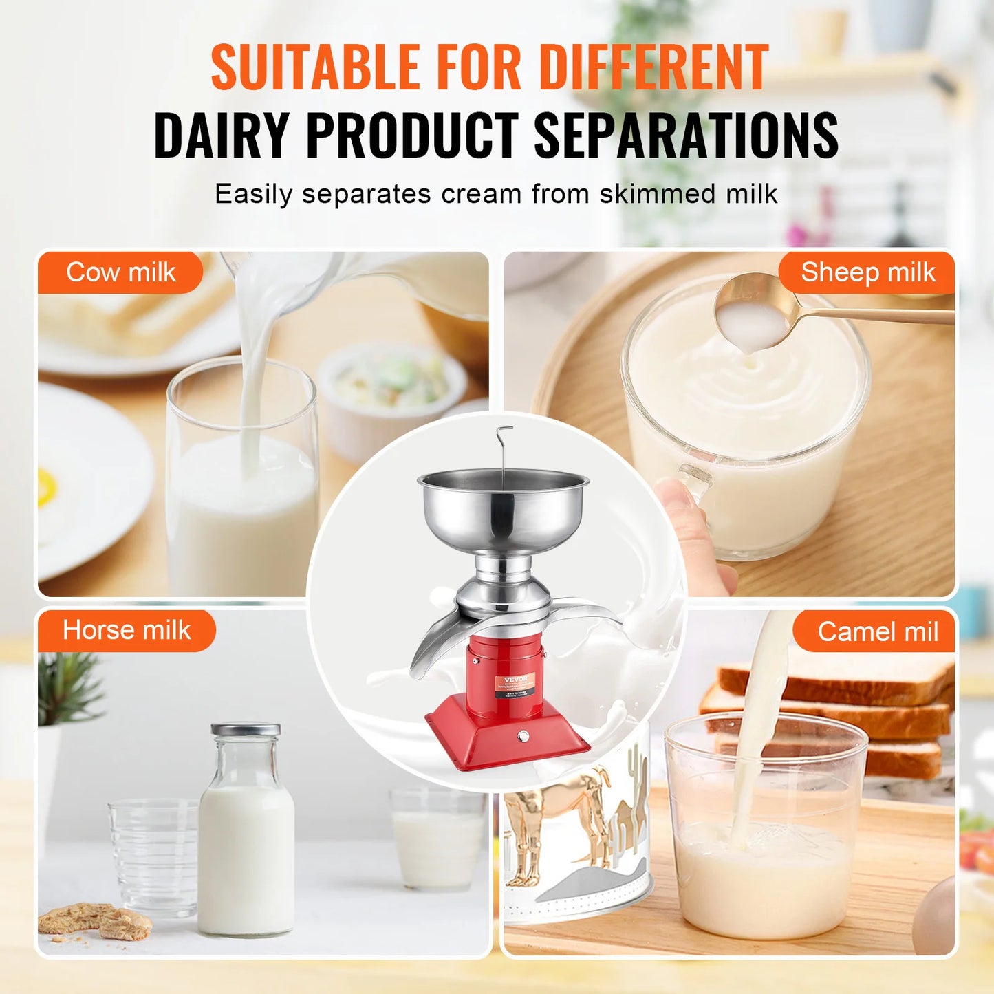 SucceBuy 304 Stainless Steel Electric Cream Separators 100L/H Output 10500RPM Goat Milk Separator 30W 5L Bowl Capacity 100-240V