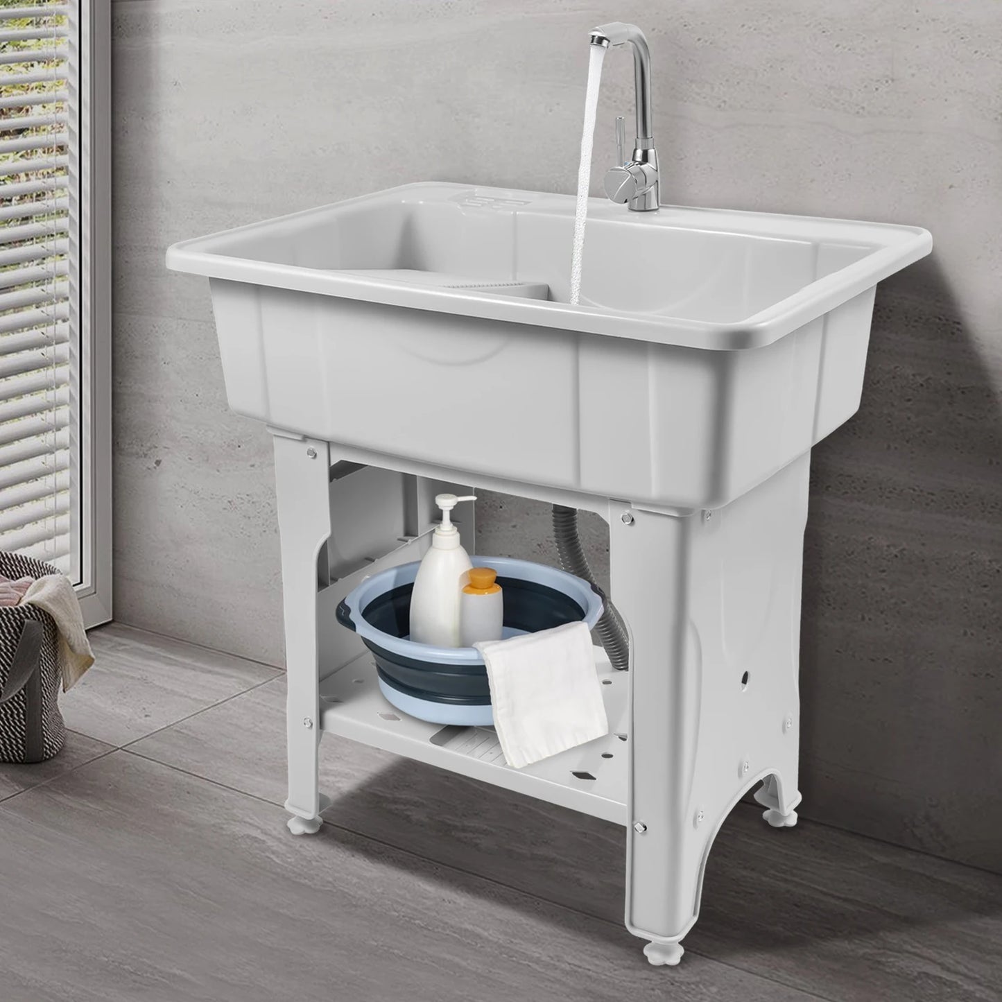 Large 70kg Capacity Modern Rectangular Laundry Sink, Gray Spacious Utility Tub & Wash Station, Complete with Storage Shelf