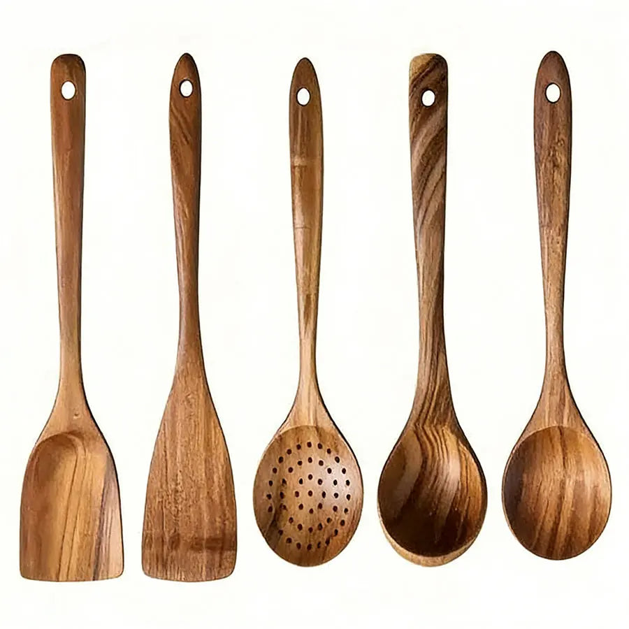 5-Piece Wooden Cooking Utensil Set, Durable Easy to Clean Kitchen Tools with Turner, Spatula, Skimmer, Soup Ladle Serving Spoon
