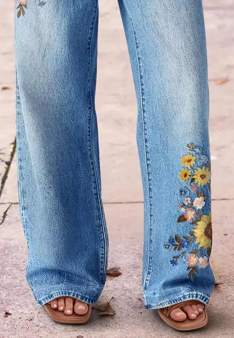 Women's fashionable and comfortable washing light blue embroidery printing craft high waist micro-stretch casual jeans