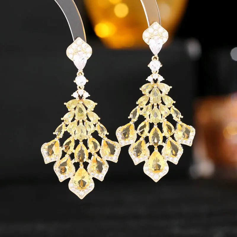 Shiny Cubic Zirconia Inlaid Earrings Waterdrop Petals Heavyweight Dress With Earrings