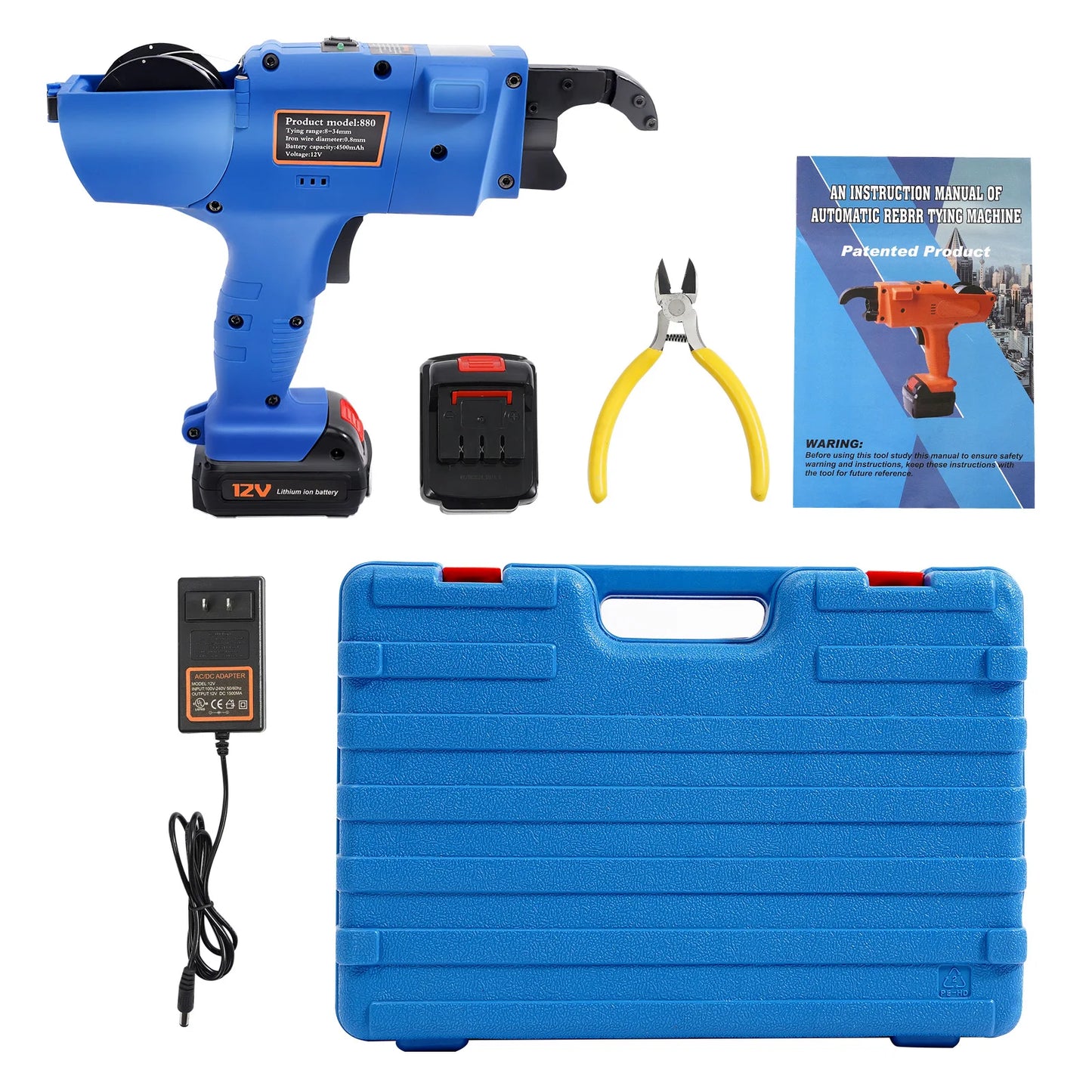 Tie Automatic Rebar Tier Gun Steel Tying Machine, 8-34mm Bar Tie Tool with Automatic Knot Release Two Large-Capacity Batteries