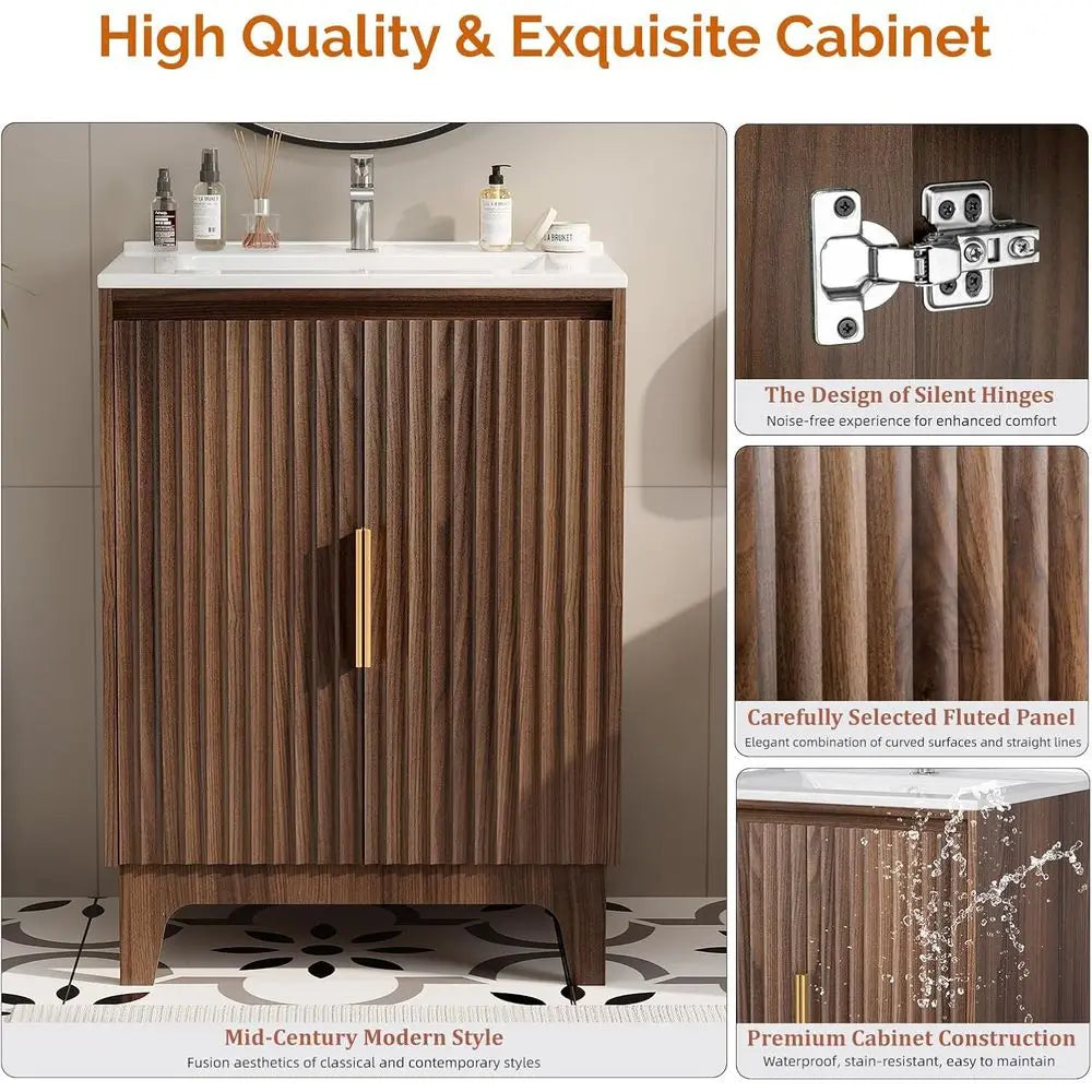 24 Inch Bathroom Vanity with Sink, -Century ern Vanity with Ceic Basin and luted Sot-Close Do, U-Shape Storage Shel,ree Standing