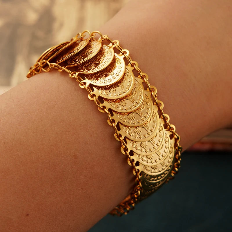 Luxury Gold Plated Ottoman Turkish Totem Chain Bracelet Coin Cuff Bangles for Bridal Ethnic Women's Jewelry Bijoux