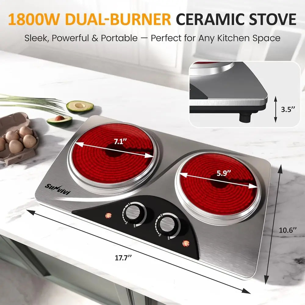 1800W Dual Burner Portable Electric Stove – Knob Control, Indicator Light, Compatible with All Cookware, Ideal for Multiple Cook