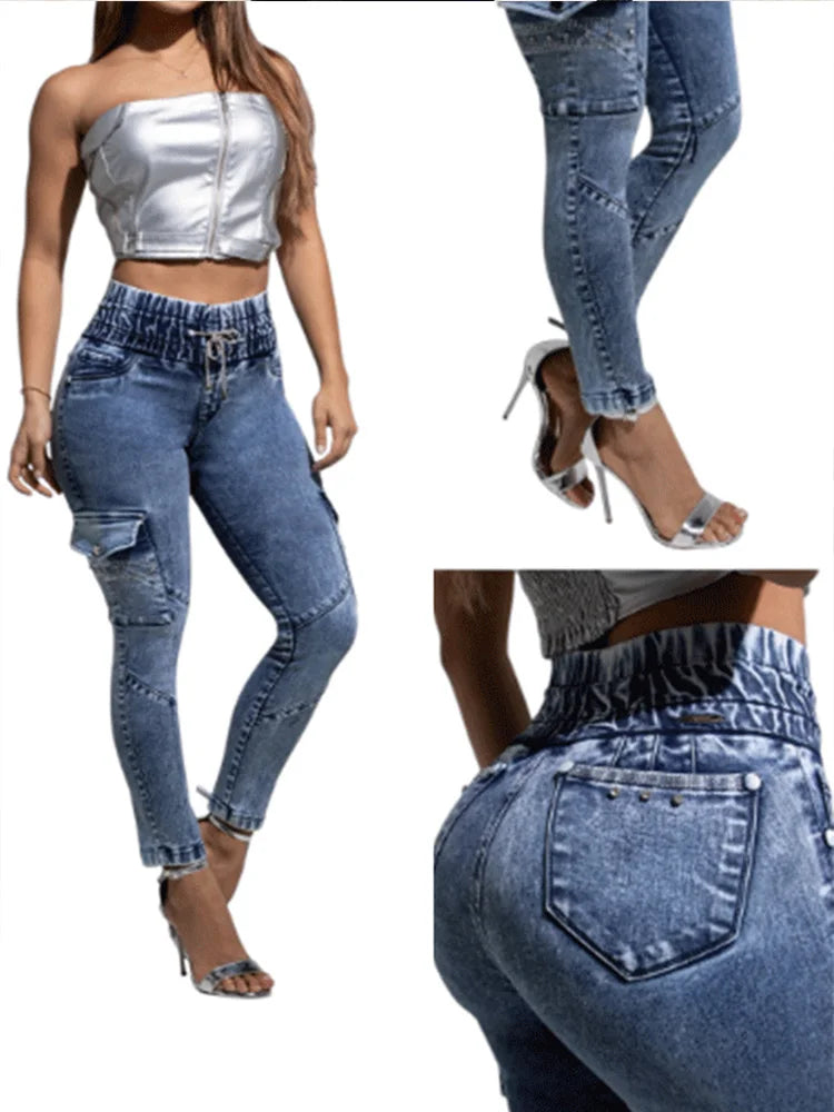 Women's drawstring rubber waist, fashionable wide waist side pocket elastic slim hip lifting workwear casual nine-point jeans