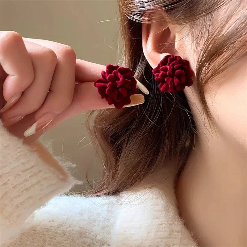 Temperament Winered Flocking Camellia Flower Stud Geometry Earring Jewelry Christmas Girl Friend Gift