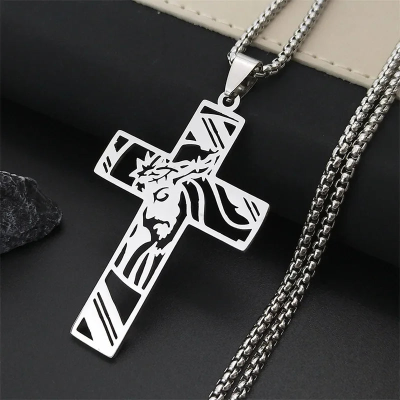 Hip Hop Punk Crown of Thorns Jesus Cross Necklace for Men Stainless Steel Gold Plated Crucifix Pendant Necklaces Jewelry