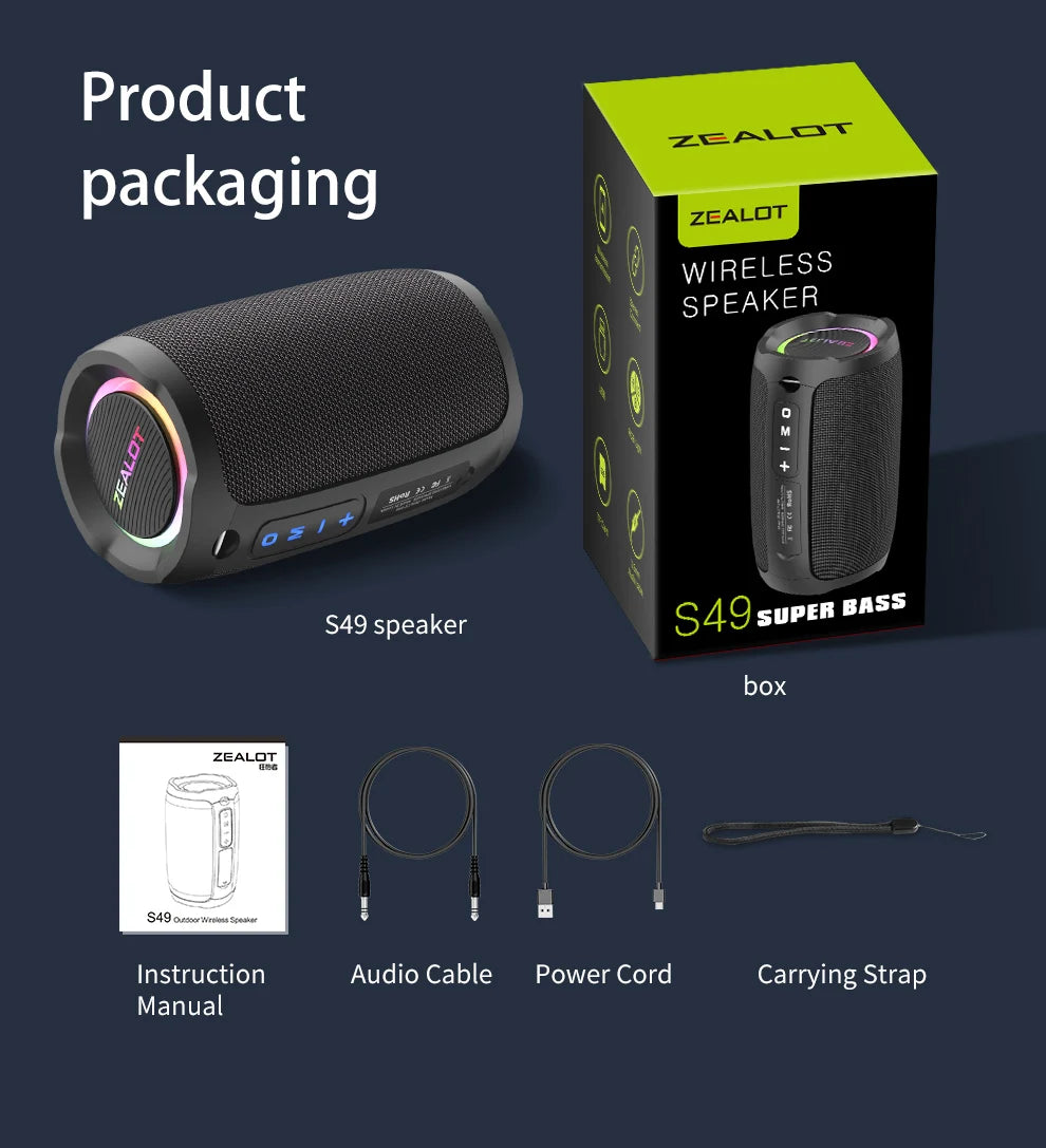 Zealot S49 20W Portable Ourdoor Wireless Subwoofer Speaker,Waterproof IPX 6,Dual Pairing,3600mAh Battery, 12 Hours Playtime