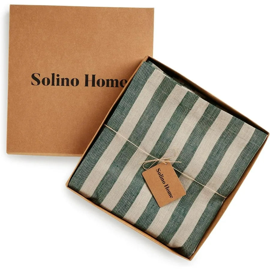 Linen Tablecloth 60 x 90 Inch - Sorrento Stripe 100% Pure Linen Hunter Green and Natural Table Cloth for Rectangle Tables - Mach