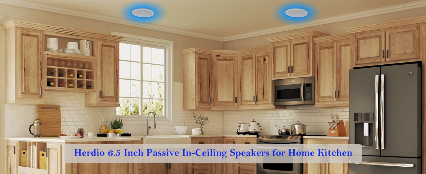 Herdio 6.5” Ceiling Speakers 2-Way Passive Speaker System 300 Watts Home Theater Subwoofer Indoor Outdoor Sound Box A Pair