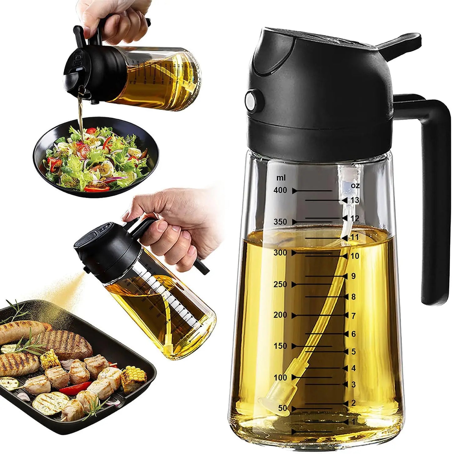 16oz/470ml Glass Olive Oil Sprayer for Cooking – 2 in 1 Olive Oil Dispenser Bottle for Kitchen Gadgets and Air Fryer