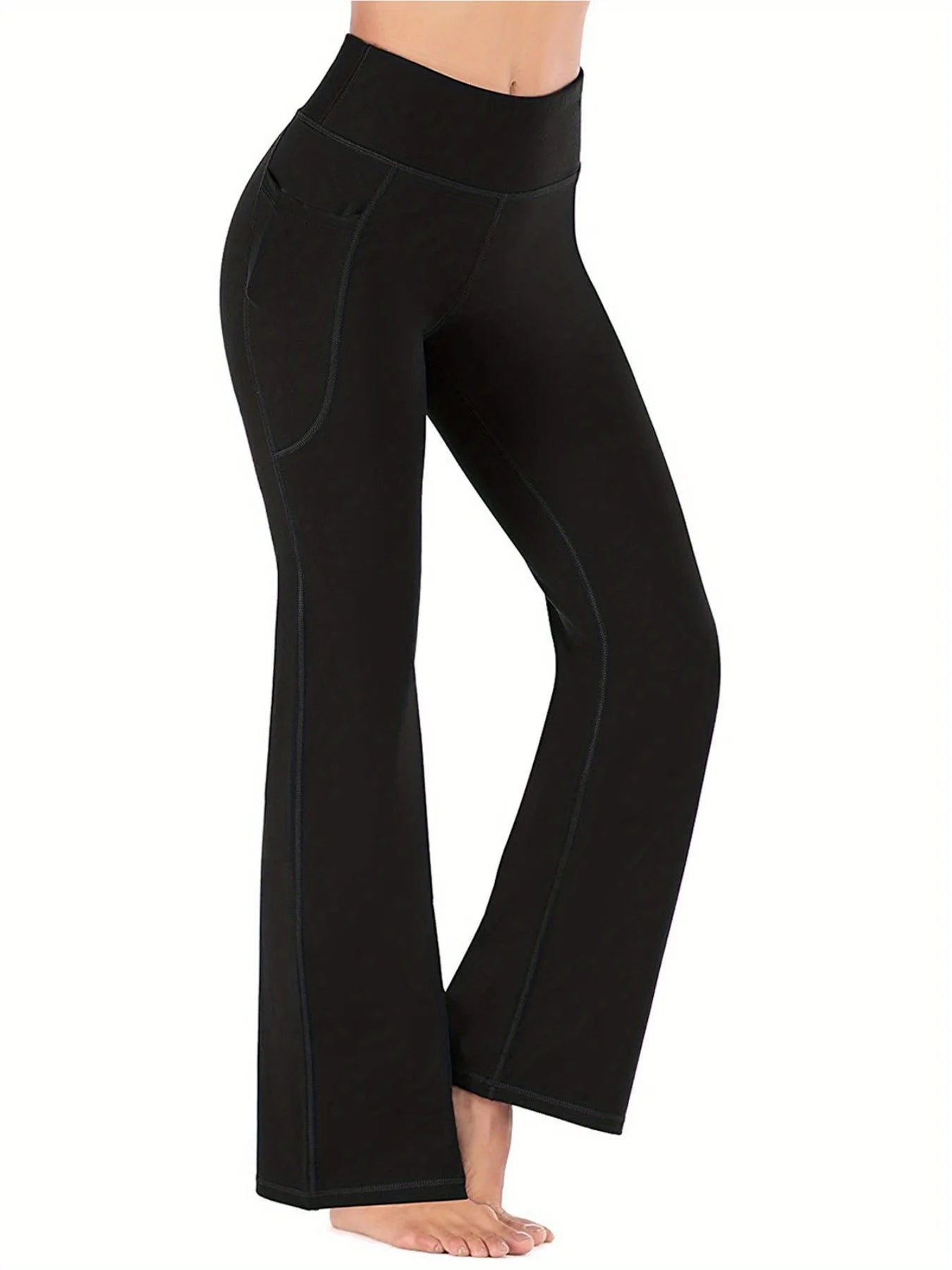Women'S High Waist Pants with Pockets - Winter Flare Leggings, Tummy Control Bootcut Design, Solid Black for, Workouts
