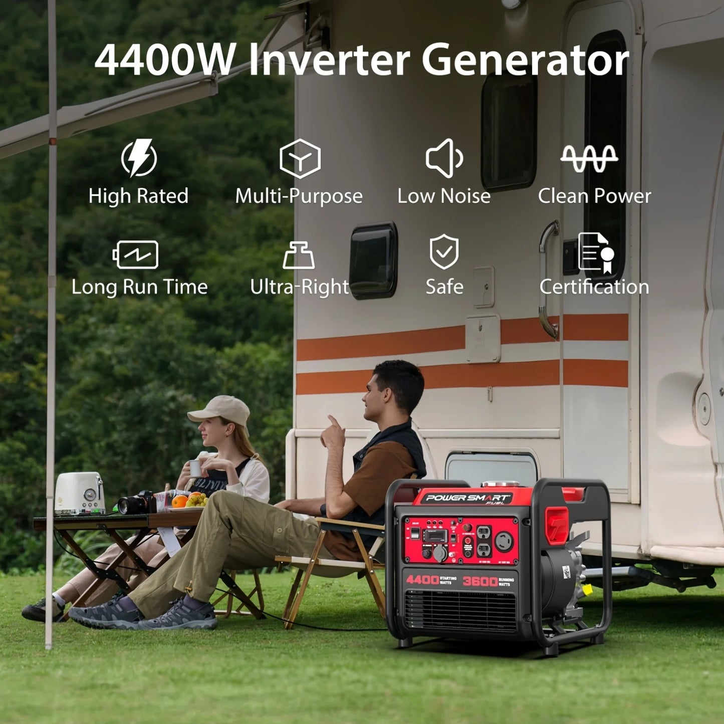 PowerSmart 4400W Portable Generator with Inverter Technology, RV Ready 30A Outlet, Gas Powered, Lightweight & Quiet for Home Use