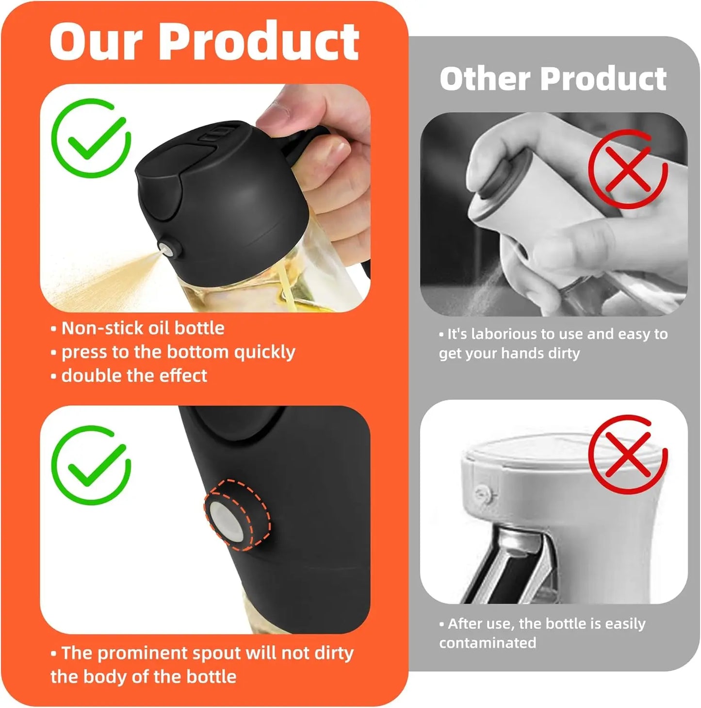 16oz/470ml Glass Olive Oil Sprayer for Cooking – 2 in 1 Olive Oil Dispenser Bottle for Kitchen Gadgets and Air Fryer