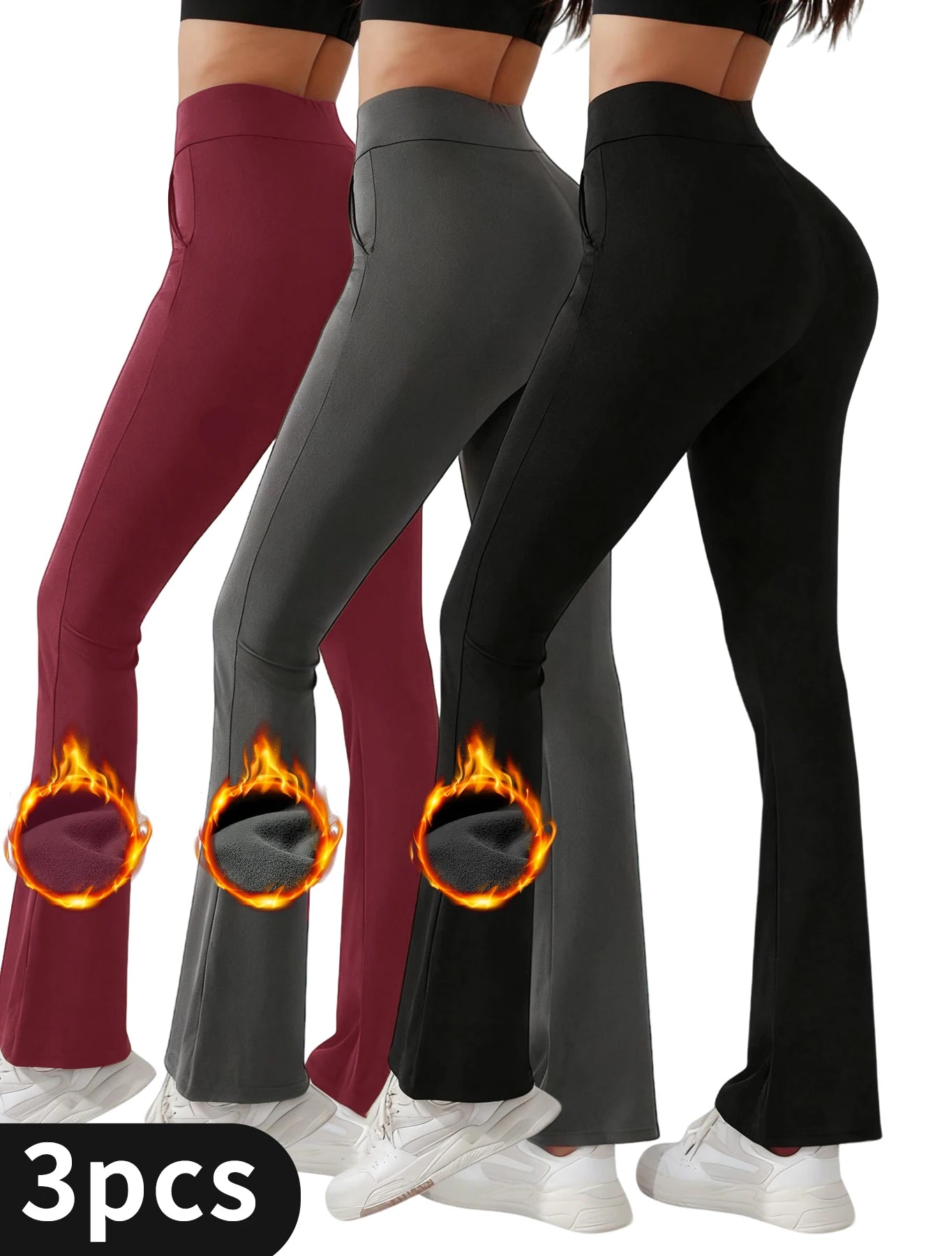 3-Pack Women's Solid Skinny Flare Leg Pants,High Waist Stretch Flared Pants, Sports Yoga Pants Compression Leggings Running Fitn