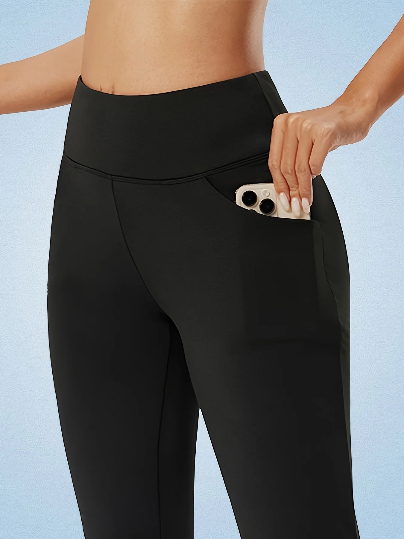 Women'S High Waist Pants with Pockets - Winter Flare Leggings, Tummy Control Bootcut Design, Solid Black for, Workouts