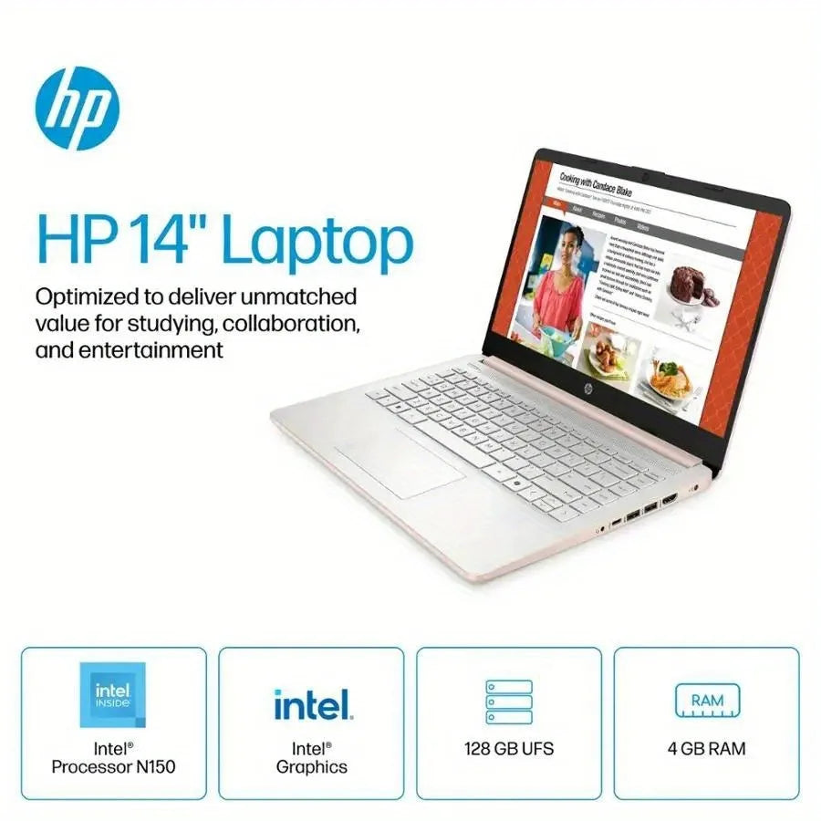 HP 14" HD Business Laptop,Intel Processor N150,4GB RAM,128GB UFS,Intel Graphics,Wi-Fi 6,Windows 11 Home,Pale Rose Gold
