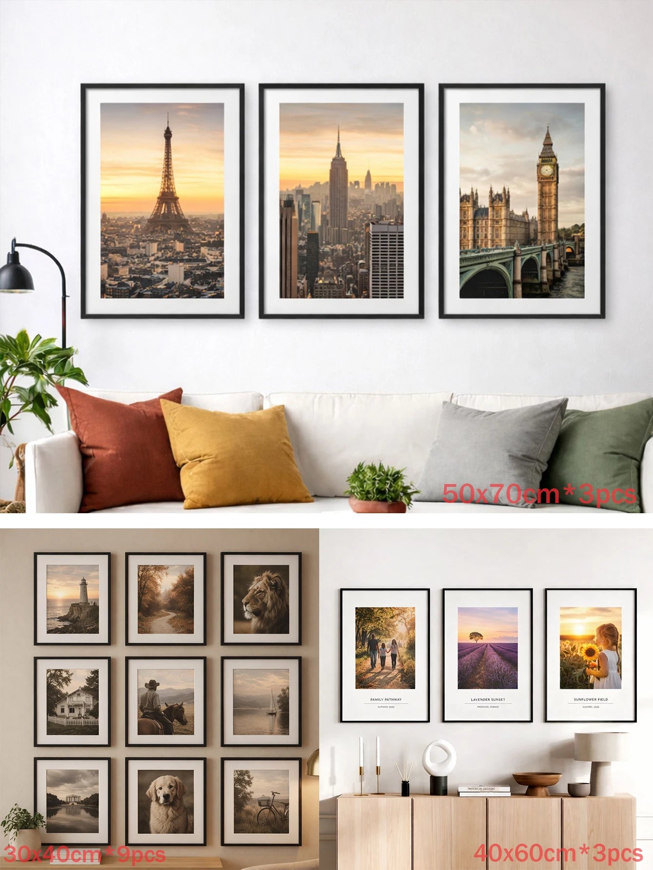 3pcs 30x40 50x70cm Picture Frames Aluminum Modern Photo Frame Black With Mat For Wall Art Mounting Canvas Print Home Decor
