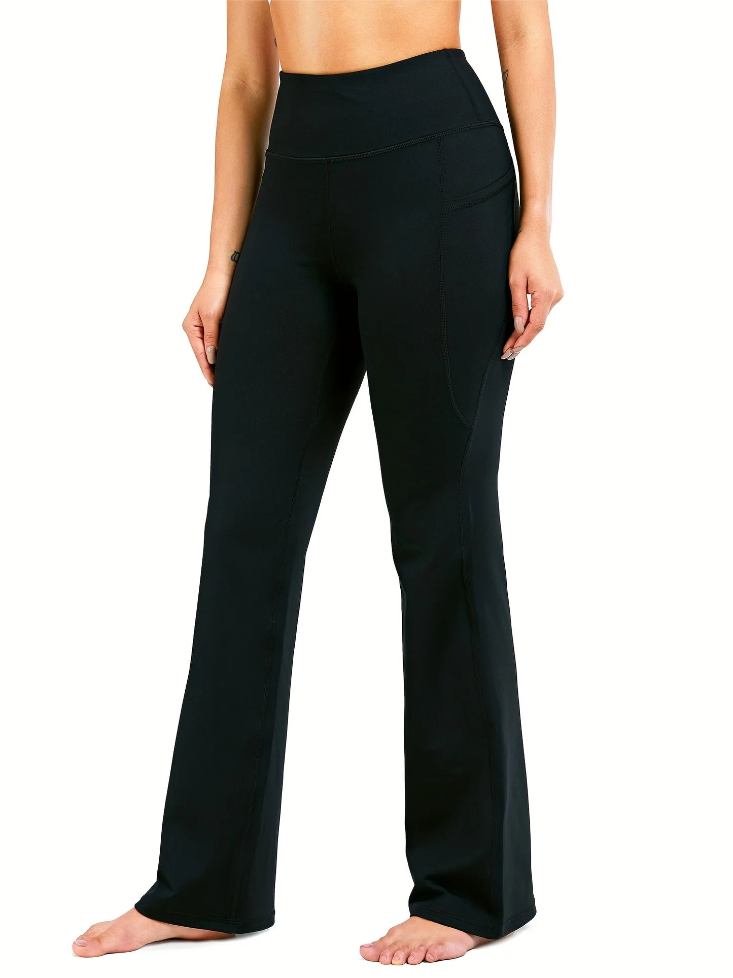Women'S High Waist Pants with Pockets - Winter Flare Leggings, Tummy Control Bootcut Design, Solid Black for, Workouts