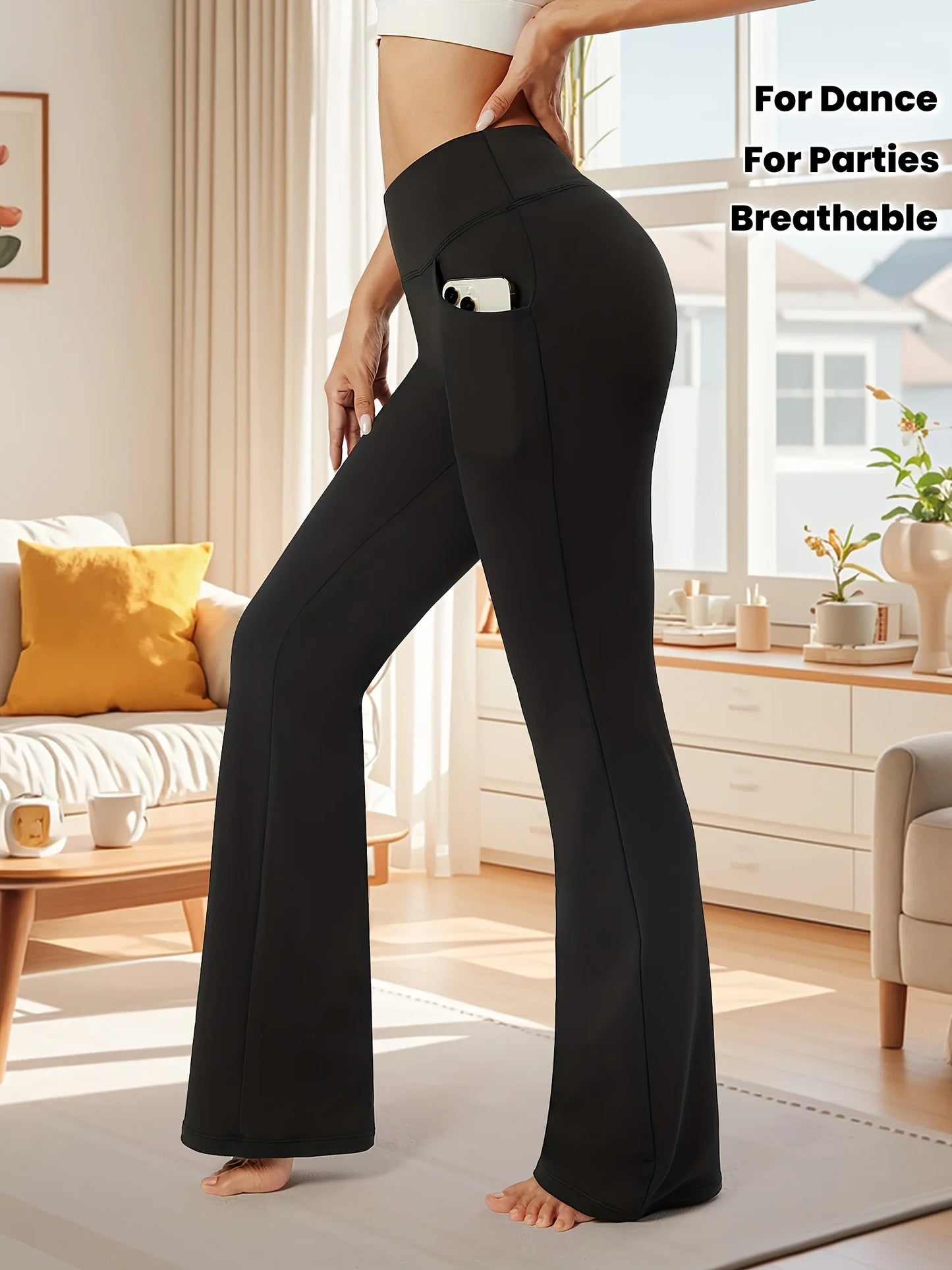 Women'S High Waist Pants with Pockets - Winter Flare Leggings, Tummy Control Bootcut Design, Solid Black for, Workouts