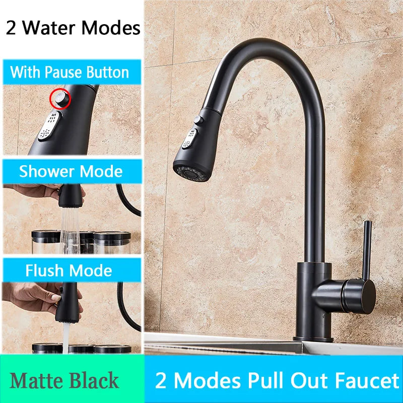 Rozin Pull Out Gourmet Kitchen Faucet Tap SUS304 Black Single Handle Kitchen Sink Mixer Tap 2 in 1 Spout Hot Cold Water Crane