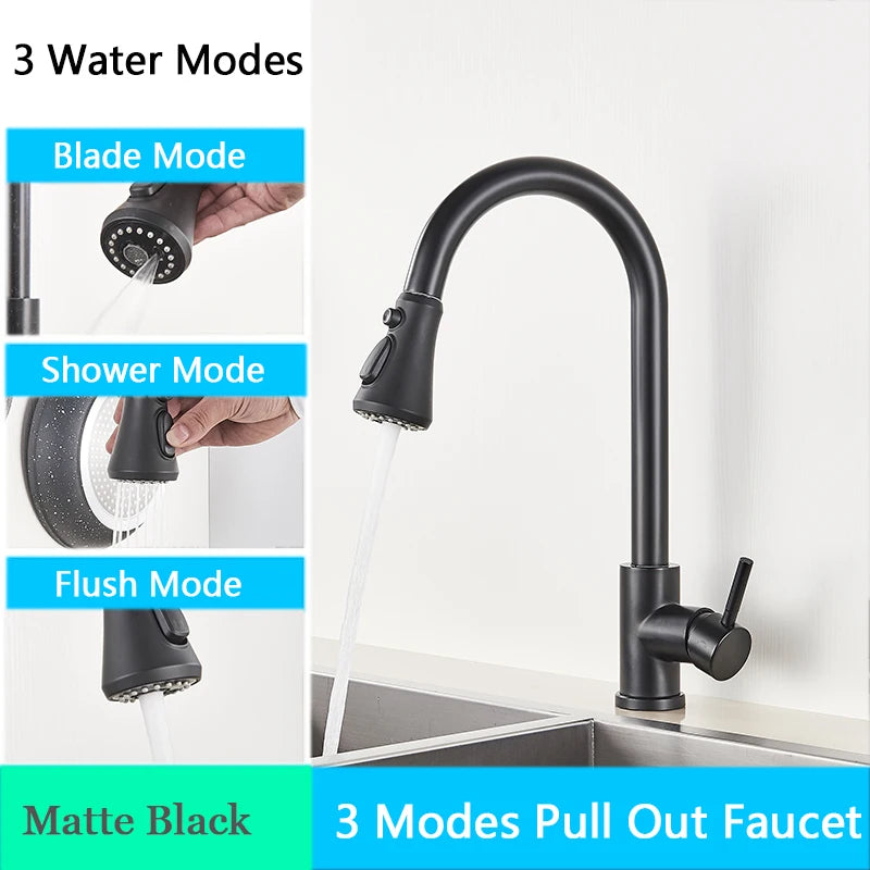 Rozin Pull Out Gourmet Kitchen Faucet Tap SUS304 Black Single Handle Kitchen Sink Mixer Tap 2 in 1 Spout Hot Cold Water Crane