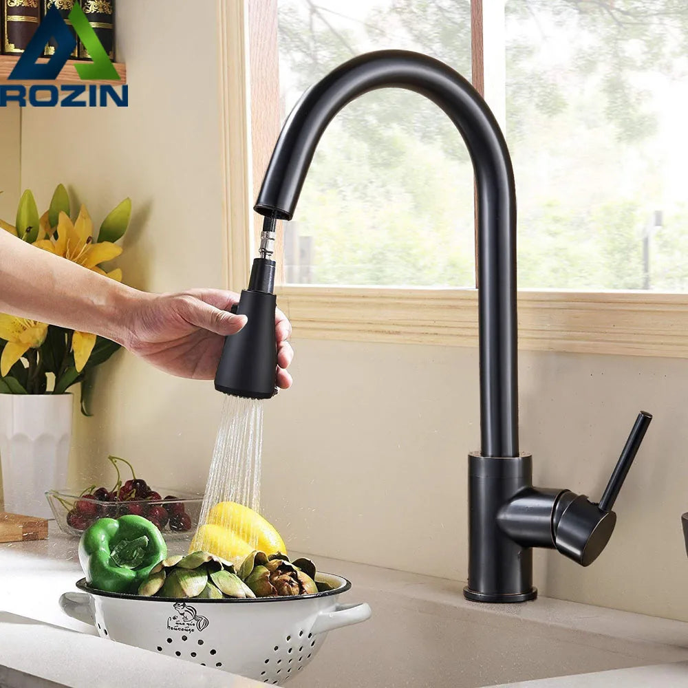 Rozin Pull Out Gourmet Kitchen Faucet Tap SUS304 Black Single Handle Kitchen Sink Mixer Tap 2 in 1 Spout Hot Cold Water Crane