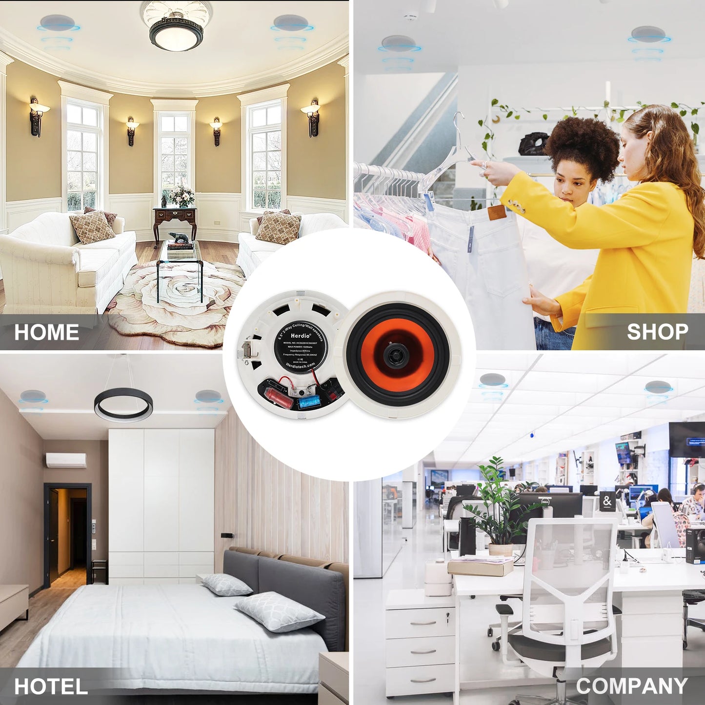 Herdio 6.5” Ceiling Speakers 2-Way Passive Speaker System 300 Watts Home Theater Subwoofer Indoor Outdoor Sound Box A Pair