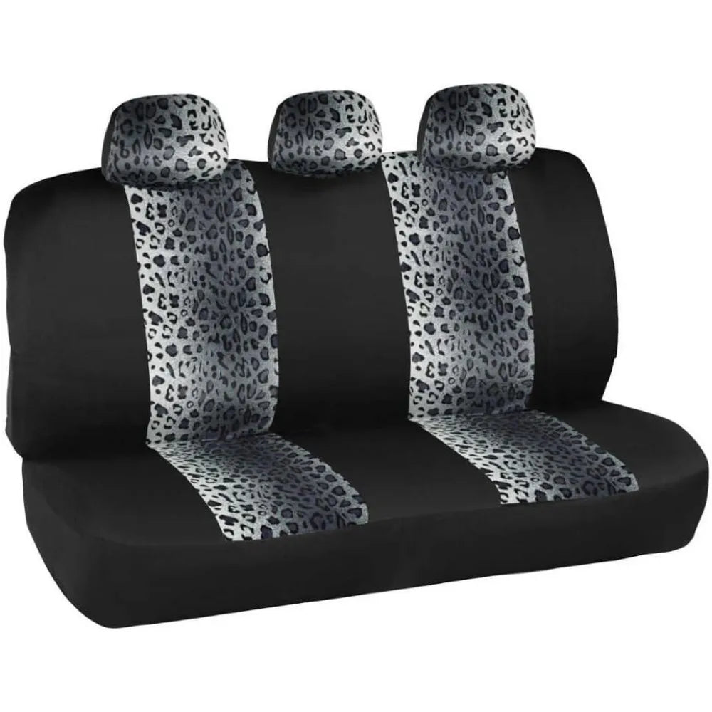 Leopard Print Car Seat Covers Full Set with Matching Accessories, Two-Tone Gray Cheetah Design for Women's Cars