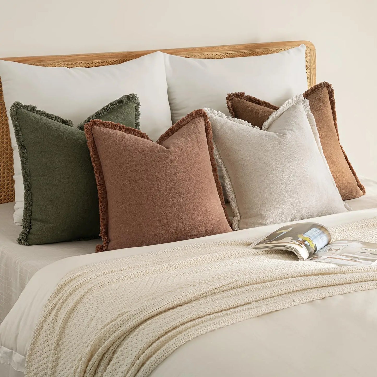 Set of 4 Linen Fringe Throw Pillows, 20x20 Inch Neutral Beige/Brown/Green Covers for Sofa Bed Living Room Farmhouse Decor