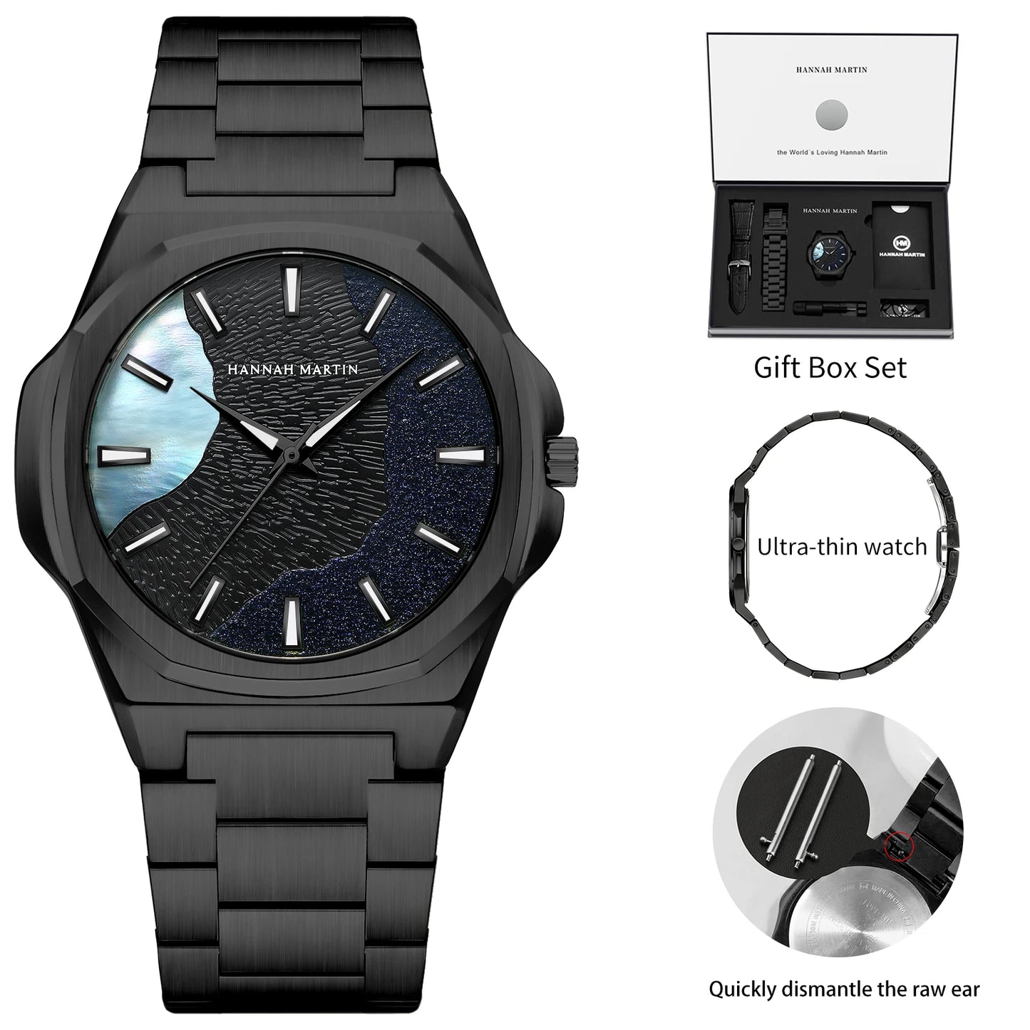 Men Watches Quartz Movement 40mm Stainless Steel Black Clock UltraThin Japanese Quartz Movement Gift 1Set Men Watch Reloj Hombre