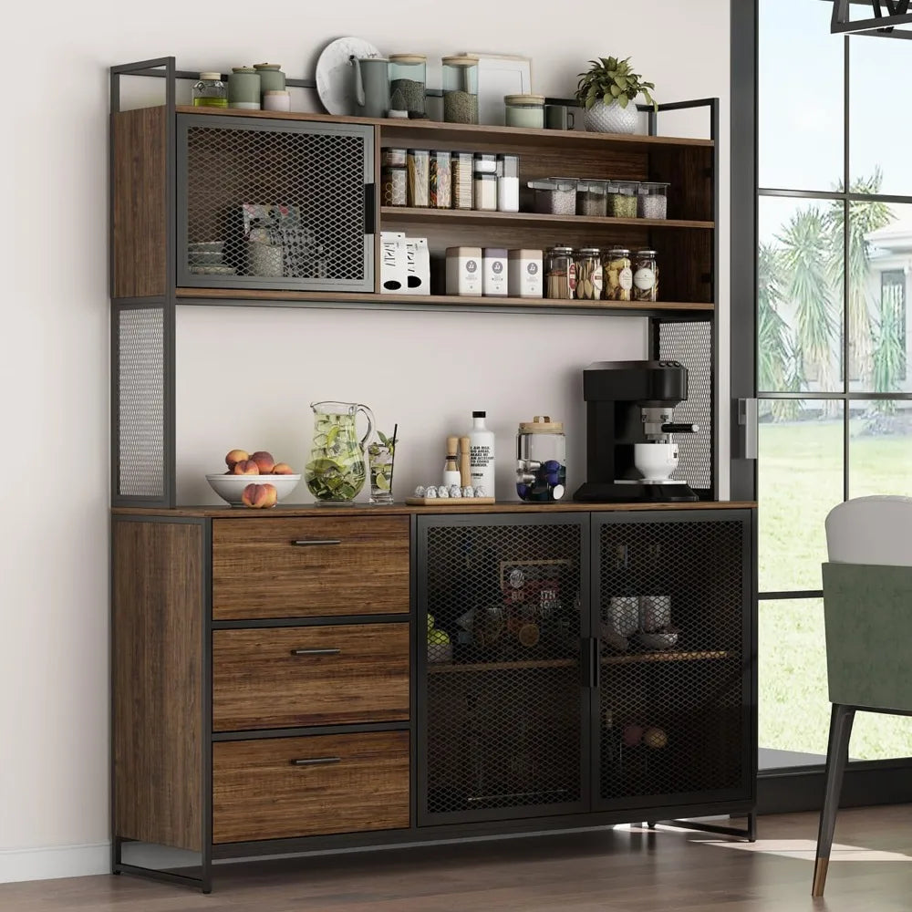 Large kitchenware storage cabinet, metal frame, drawers and microwave rack, independent kitchen storage cabinet