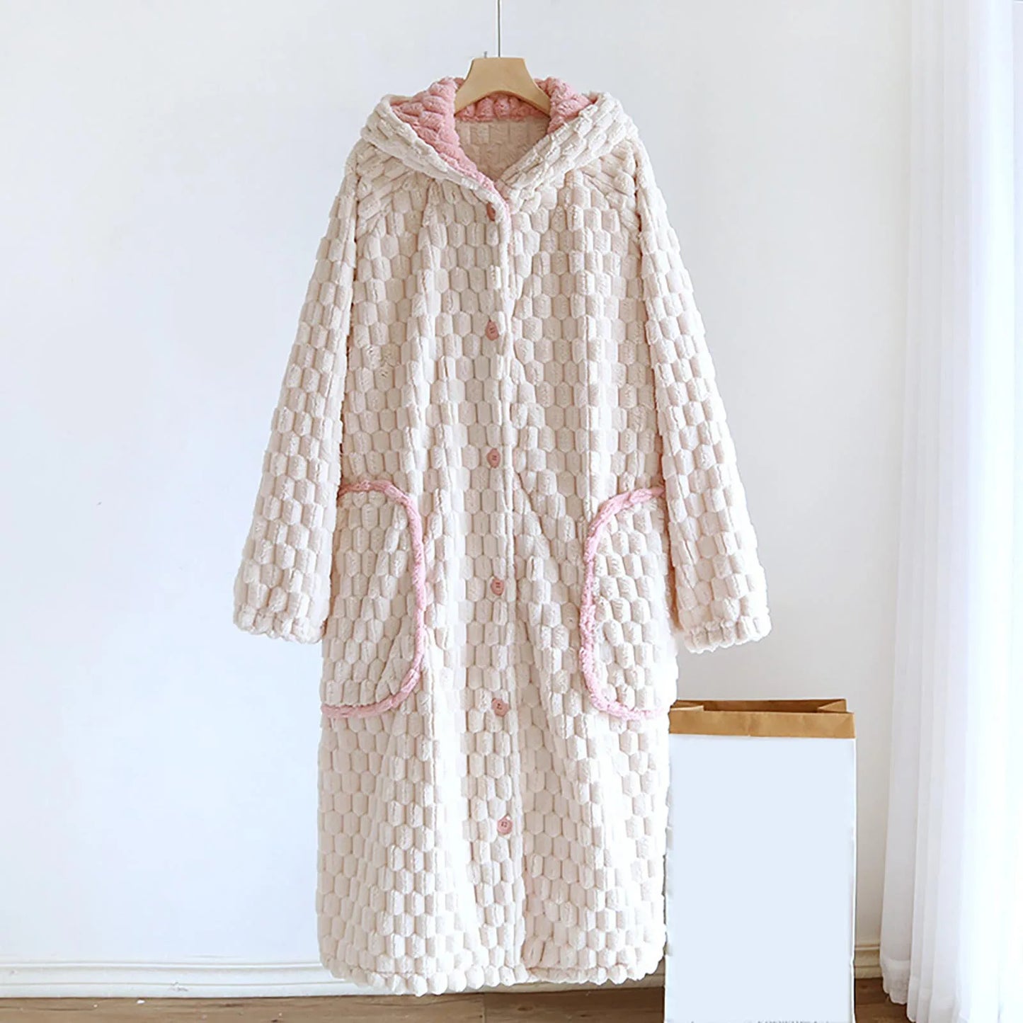 Women'S Loose Hooded Robe Nightgowns With Thick Plush Long Autumn Winter Coral Fleece Bathrobe With Big Pockets Woman Nightwear